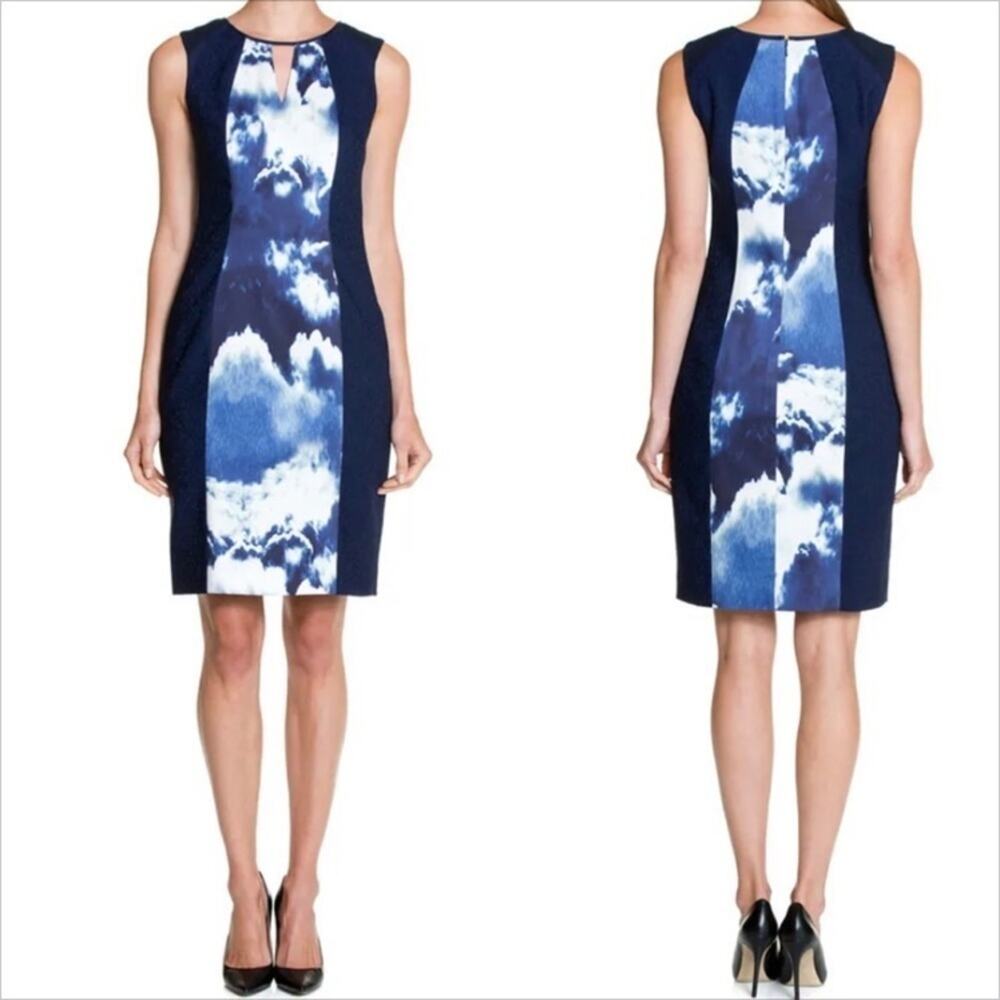 KAY UNGER Cloud Print‎ Blue Sleeveless Keyhole Sheath mini Dress